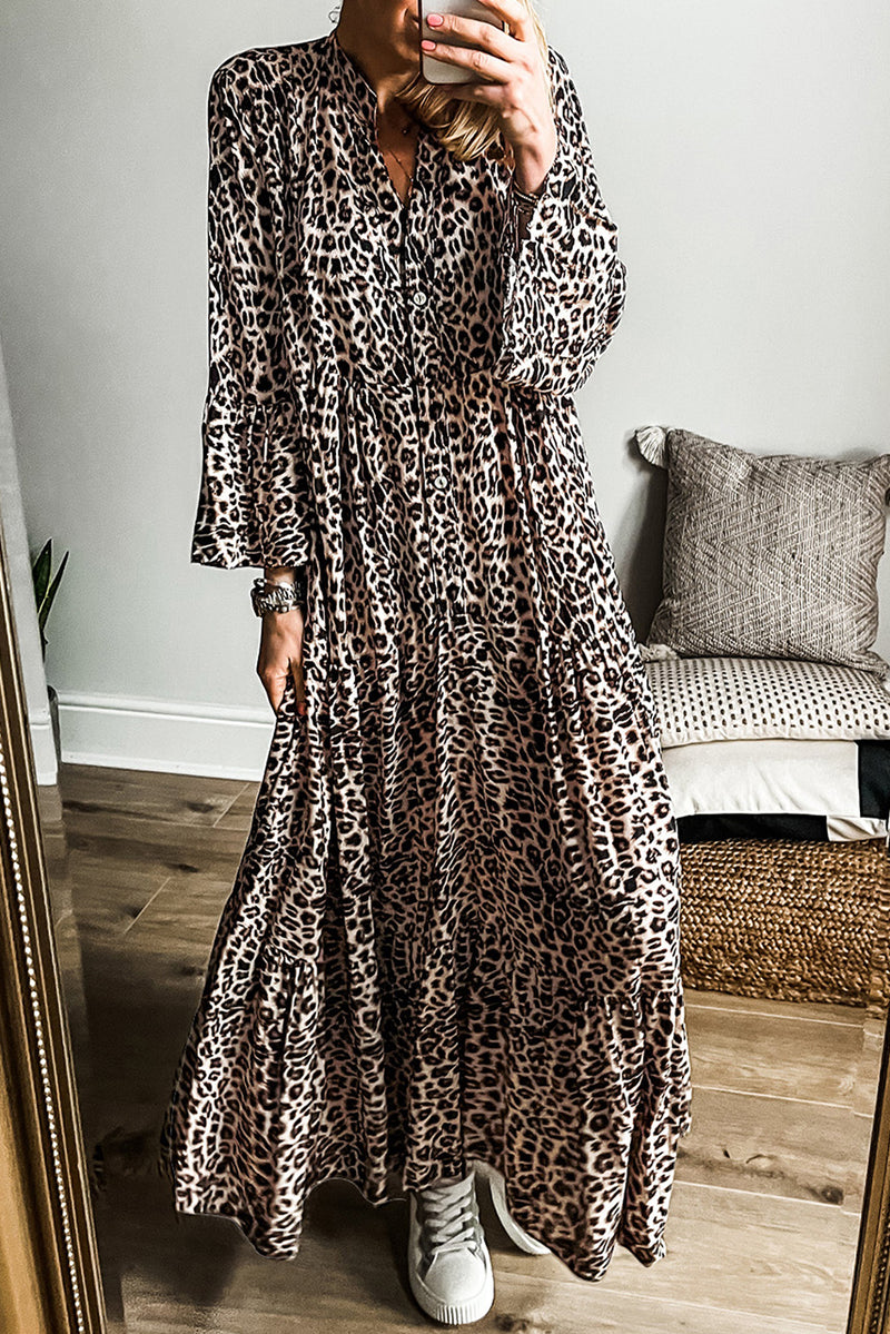 Apricot Leopard Print Tiered Wide Sleeve Maxi Dress Raining Rustic Boutique