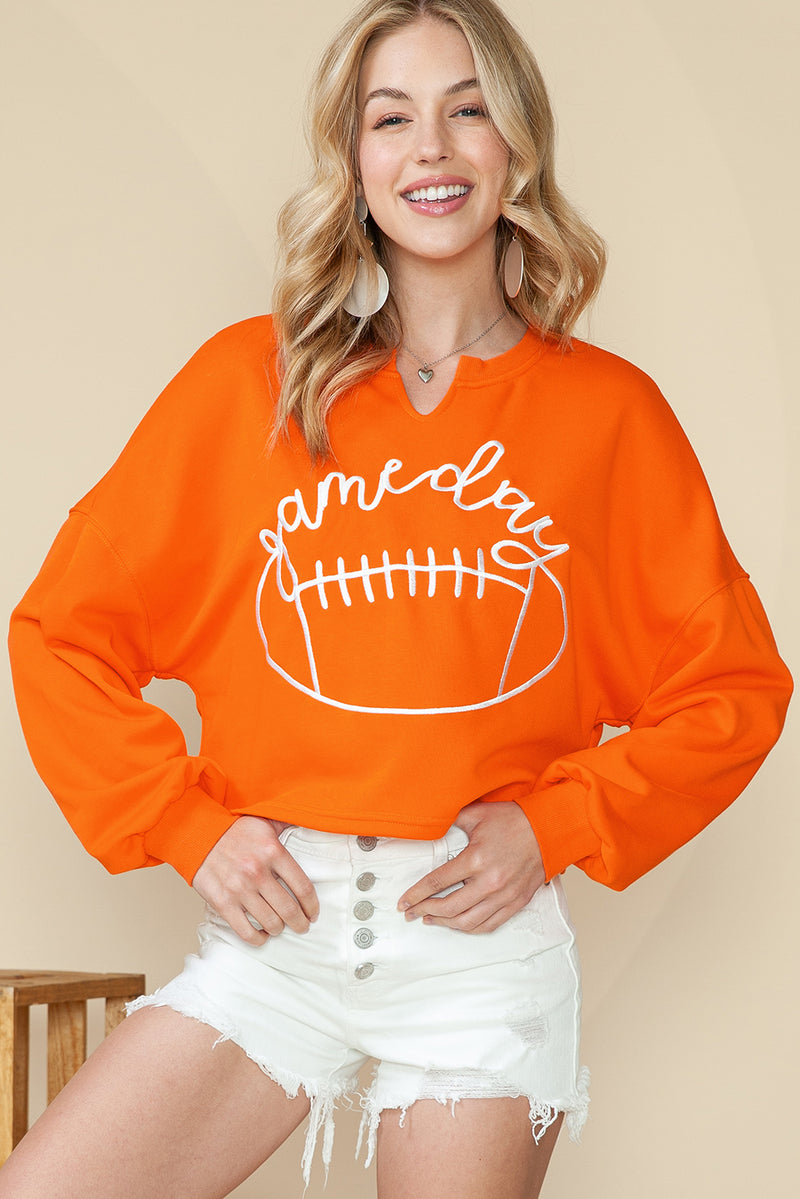 Orange Game Day Lettering Rugby Notched Neck Cropped Sweatshirt