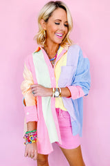 Pink Stripe Color Block Buttoned Oversized Shirt