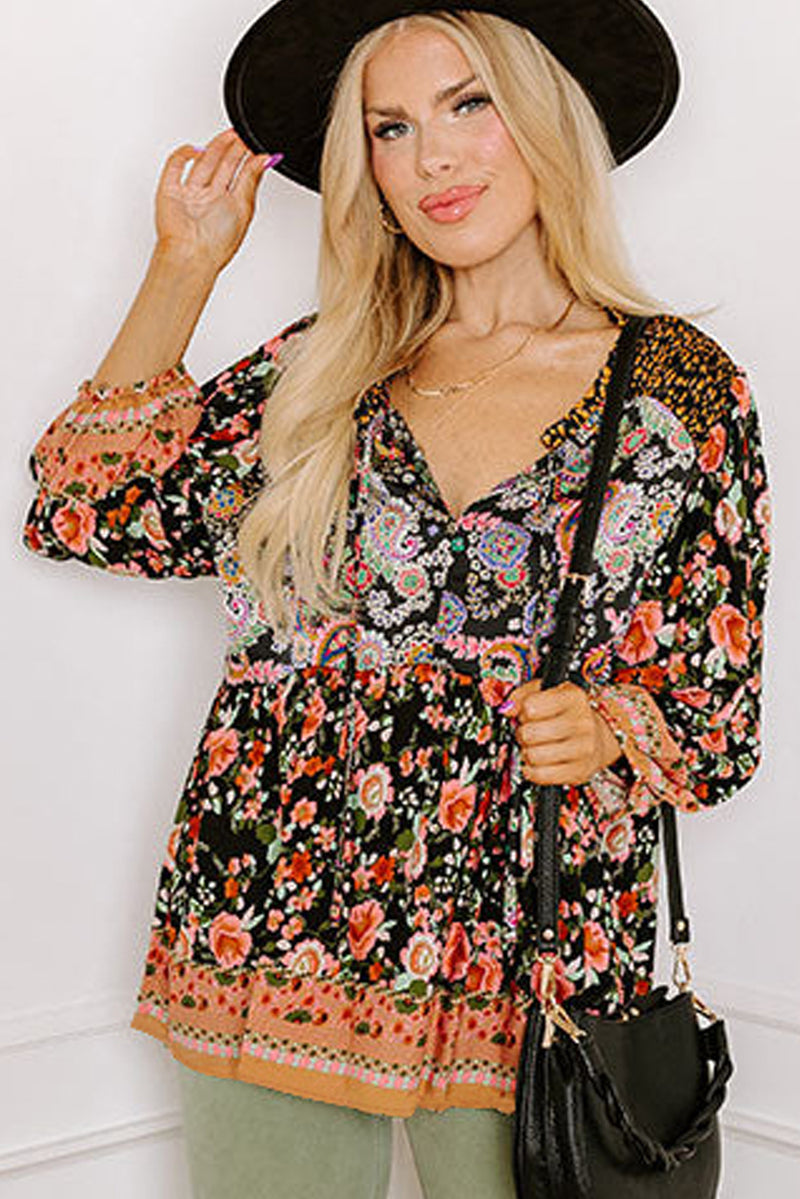 Black Plus Size Paisley Print V Neck Bubble Sleeve Blouse