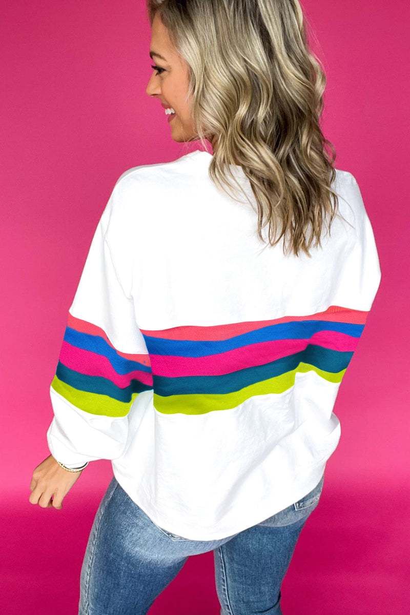 White Colorful Striped Round Neck Long Sleeve Top