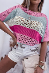 Pink Knitted Eyelet Colorblock Half Sleeves Top