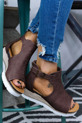 Brown PU Cutout Buckle Strap Platform Sandals