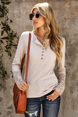 Beige Ribbed Lace Crochet Long Sleeve Henley Shirt for Women