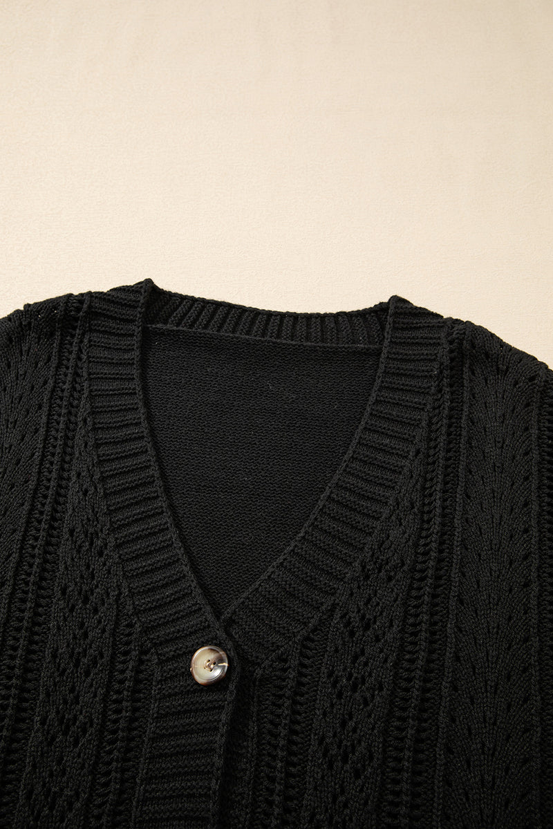 Black Hollow Knit Drop Shoulder Cardigan