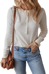 White Solid Color Waffle Long Sleeve Henley Top