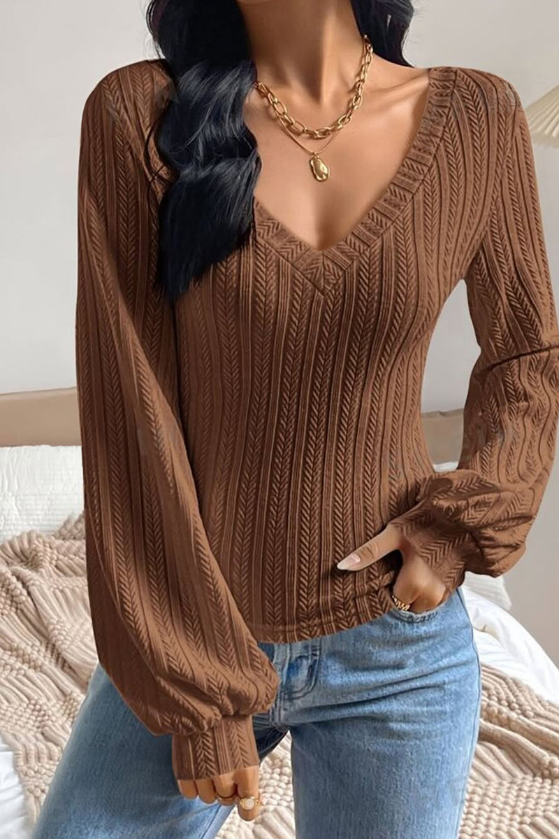 Chestnut Textured Knit V Neck Lantern Sleeve Top