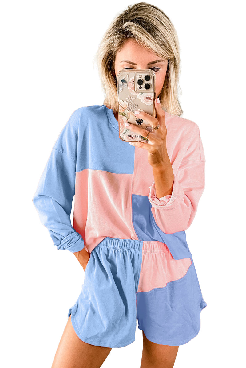 Sky Blue Colorblock Long Sleeve Top & Pocketed Shorts Set