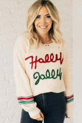 Beige Tinsel Holly Jolly Graphic Round Neck Sweater