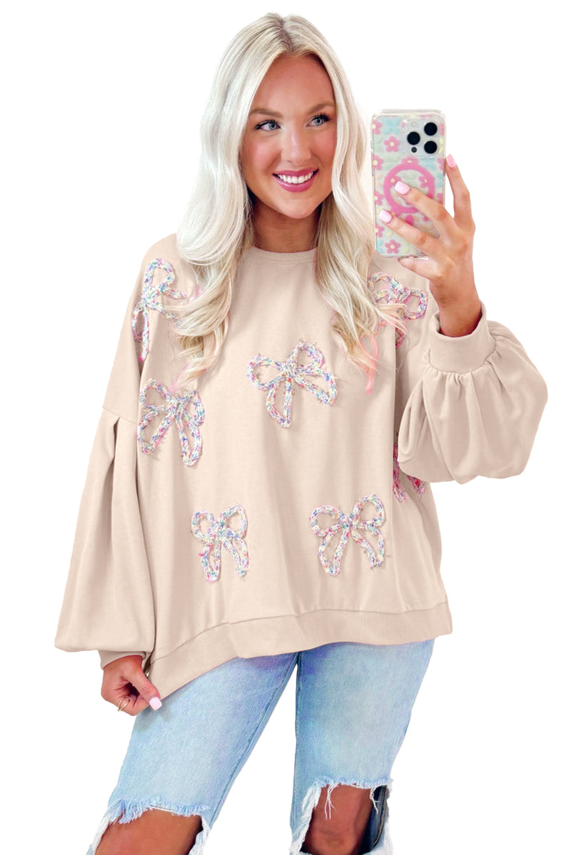 Parchment Sweet Bow Lantern Sleeve Oversized Pullover Sweatshirt