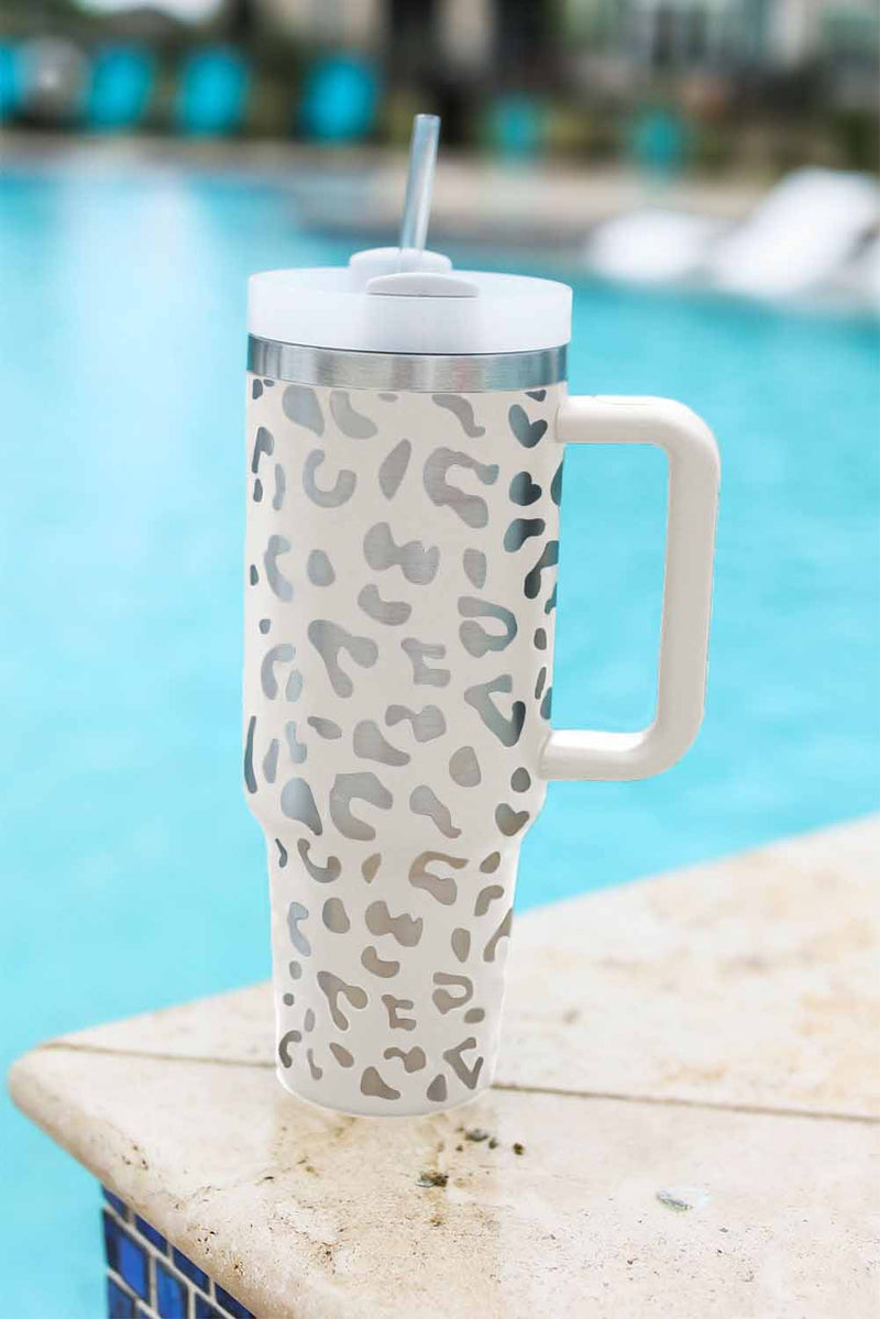 Green 40oz Stainless Steel Portable Leopard Tumbler Mug With Handle