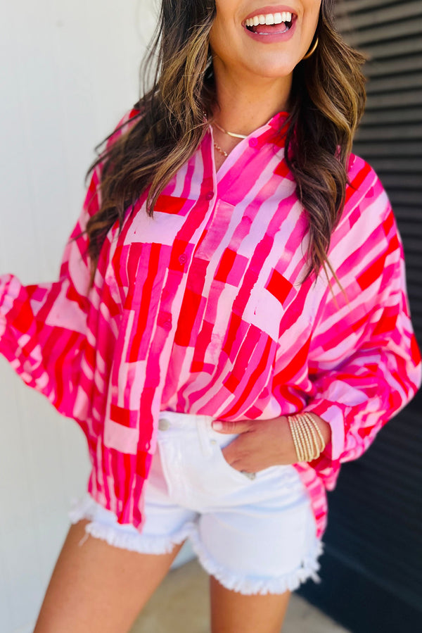 Pink Abstract Print Batwing Sleeve Loose Shirt