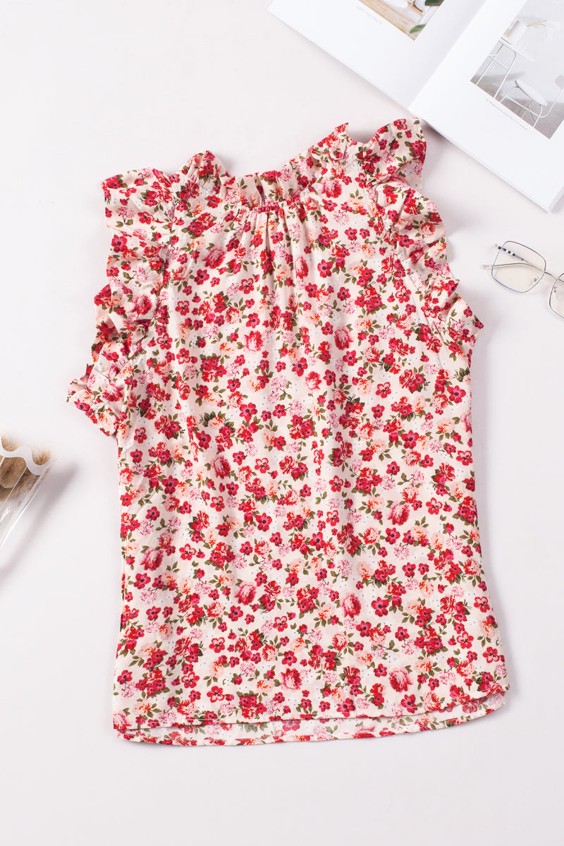 Red Boho Floral Print Ruffled Mock Neck Sleeveless Shirt