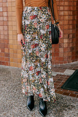 Brown Allover Floral Print Bohemian High Waist Maxi Skirt