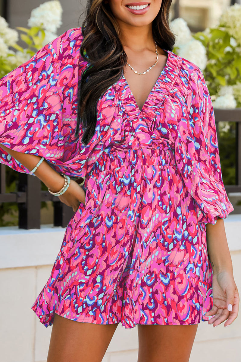 Pink Abstract Print Dolman Sleeve V Neck High Waist Romper