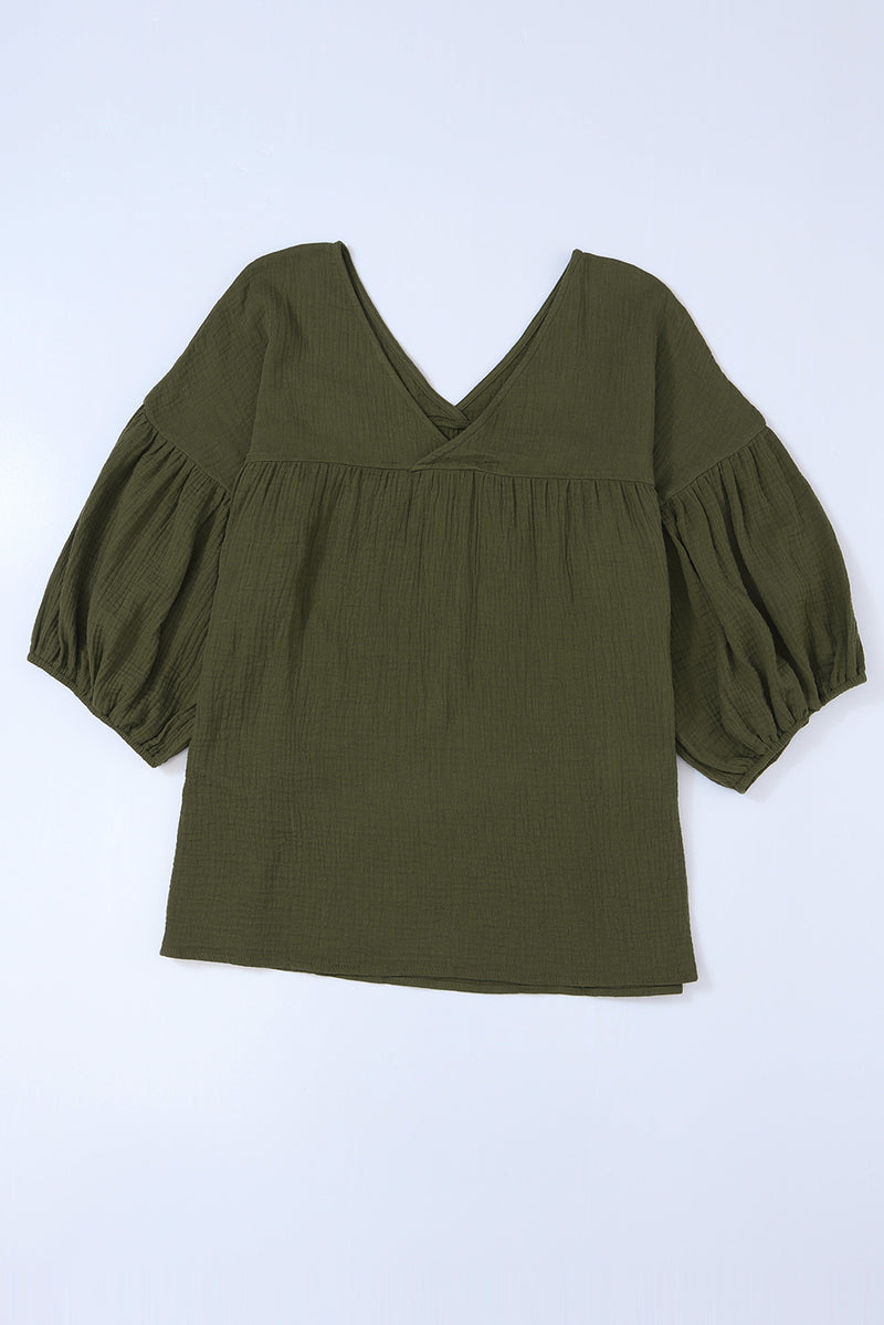 Green Solid Color Gauze Casual V Neck Top for Women