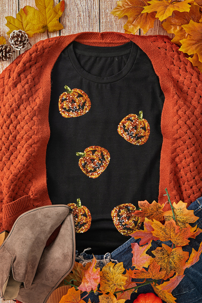 Black Halloween Sequin Pumpkin Face Graphic T Shirt