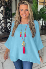 Aruba Blue Plain Crinkled Bracelet Sleeve Flowy Top