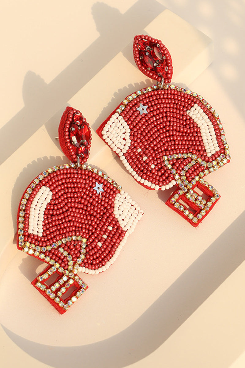 Fiery Red Game Day Rice Beaded Rugby Helmet Dangle Earrings