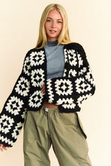 Davi & Dani Full Size Two Tone Flower Square Crochet Open Front Cardigan