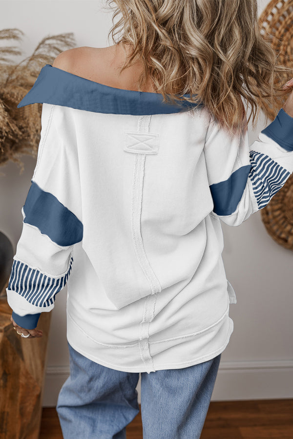 Dark Blue Striped Patchwork Collar Sweatshirt