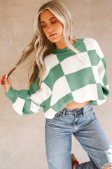 Green Checkered Bishop Sleeve Pullover Sweater