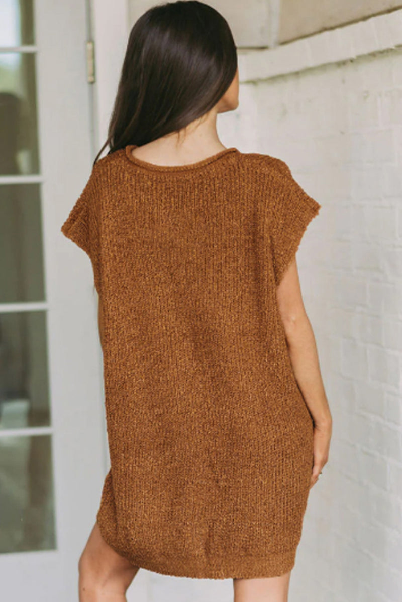 Camel V Neck Loose Fit Mini Knitted Dress