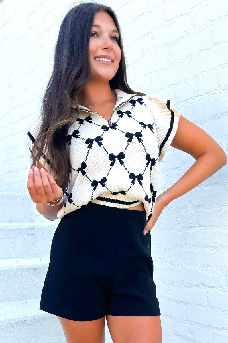 Black Preppy Bow Print Zipped Collar Knit Top