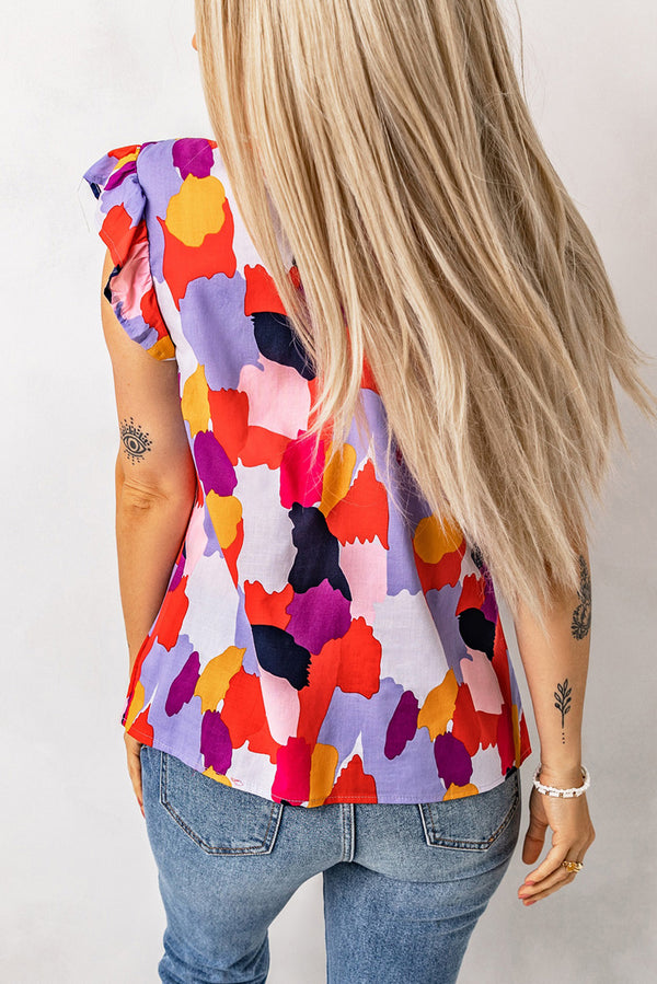 Multicolor Abstract Print Frill Neck Ruffle Sleeve Summer Top