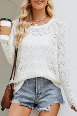 White Knit Hollow Out Round Neck Long Sleeve Top