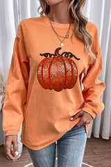 Orange Crinkle Ribbed Halloween Sequin Pumpkin Graphic Sweatshirt