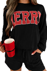 Black Corded MERRY Long Sleeve Top and Shorts Pajama Set