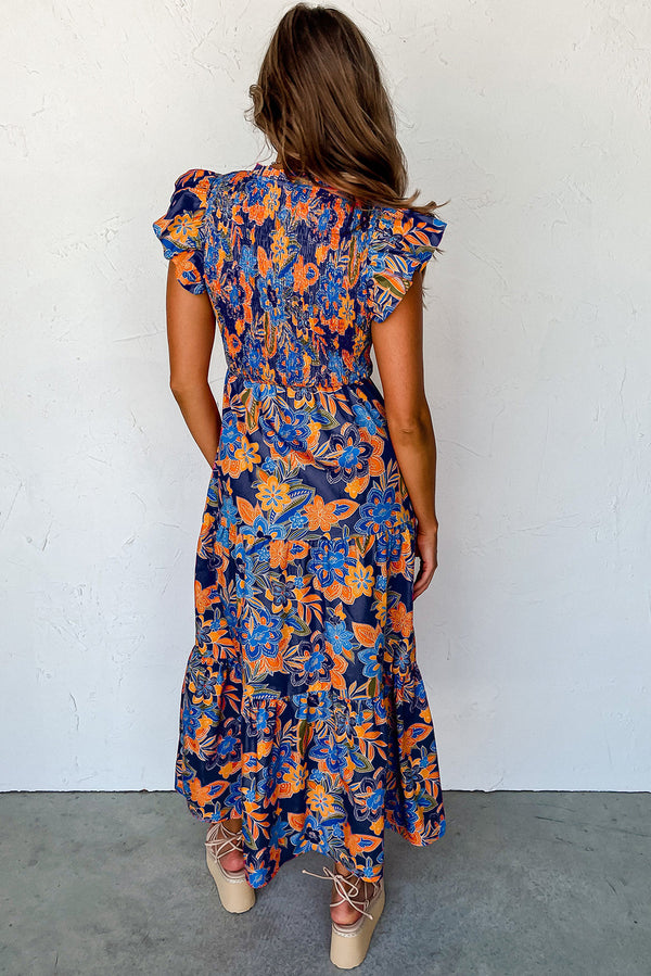 Dark Blue Boho Floral V Neck Ruffle Tiered Long Dress