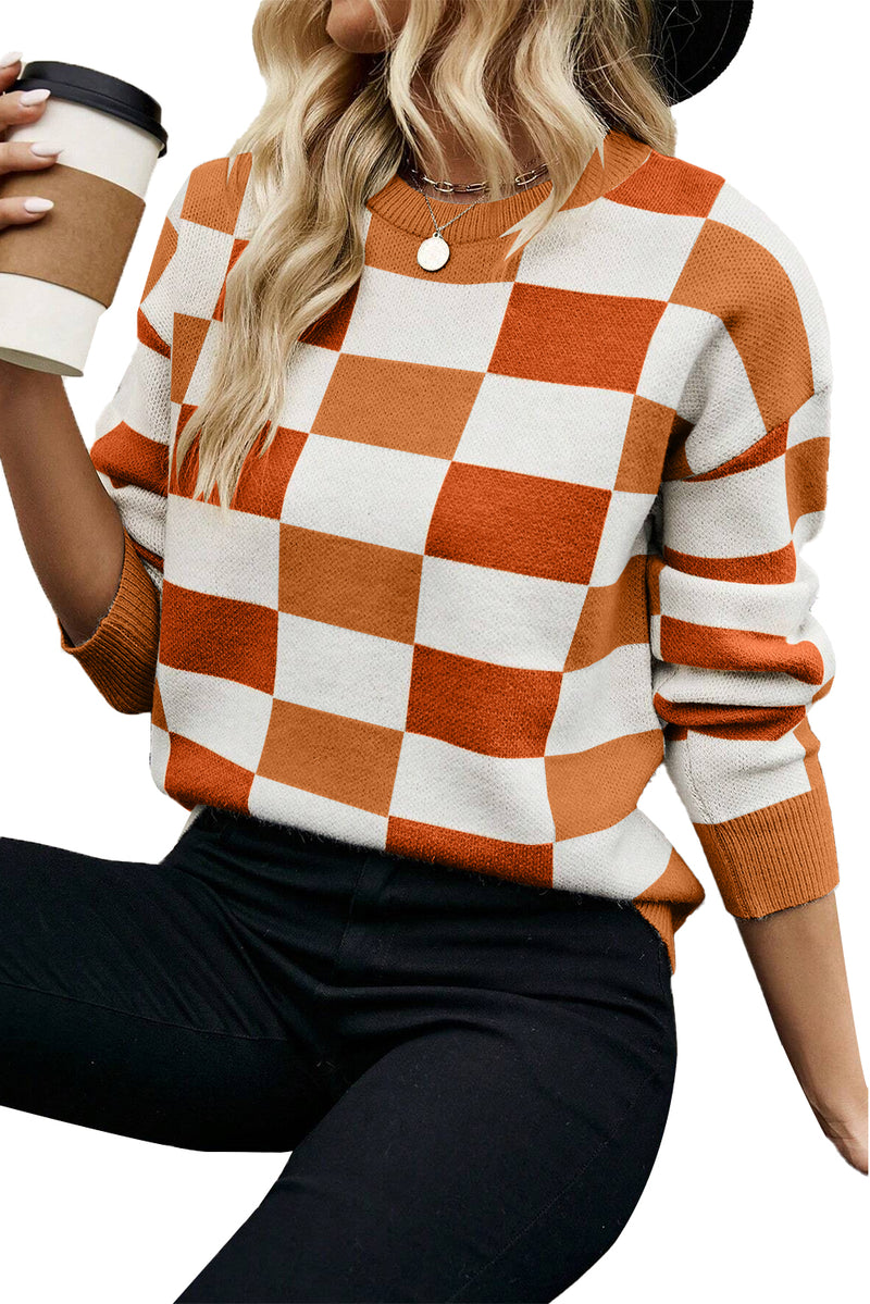 Orange Checkered Crew Neck Drop Shoulder Knit Sweater