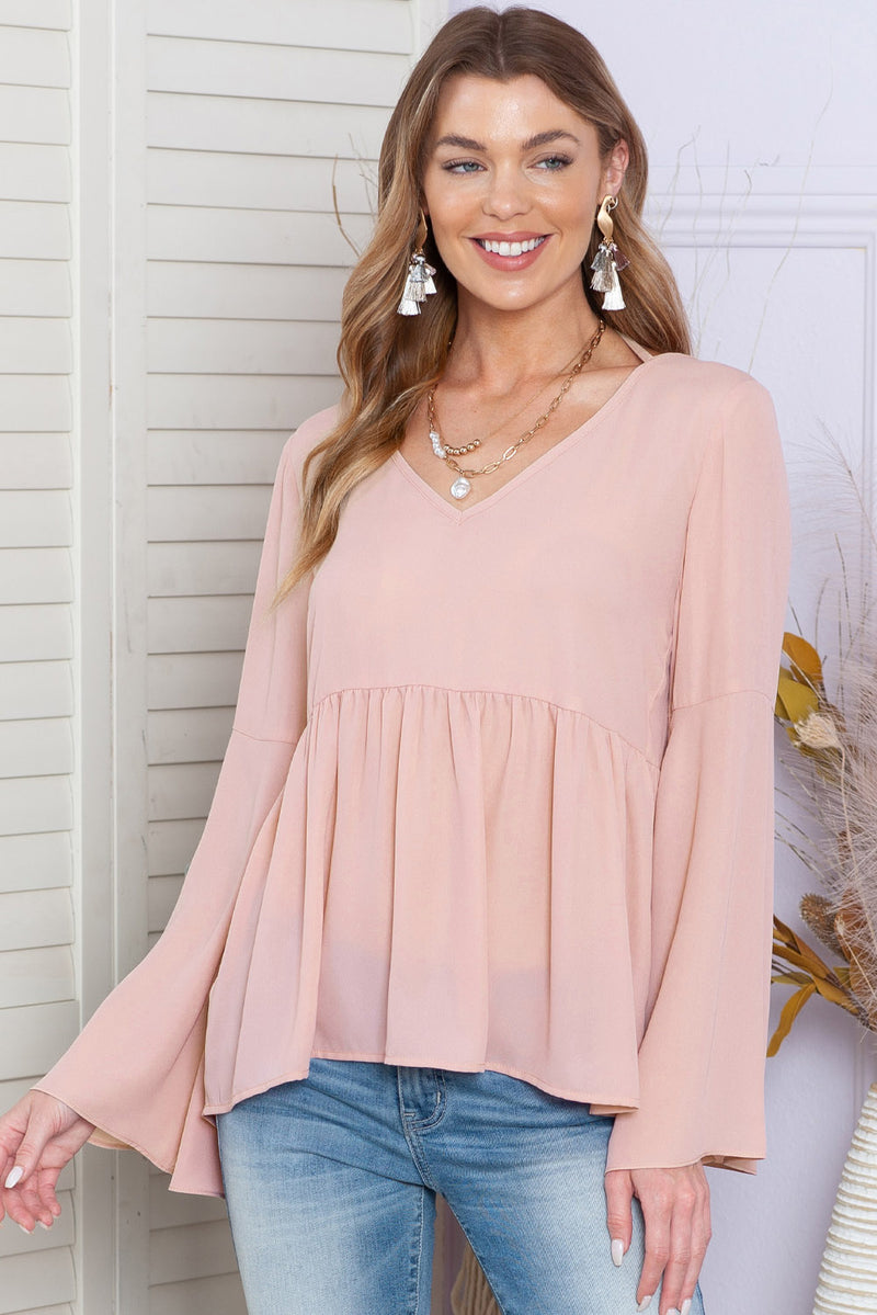 Pink Bell Sleeve Top V Neck Tie Back Peplum Blouse