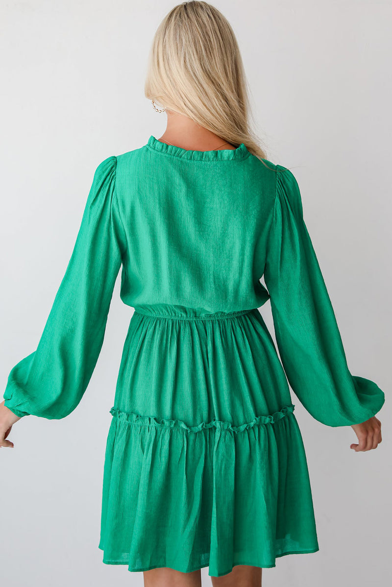 Sea Green Frill V Neck Puff Sleeve Drawstring Mini Dress