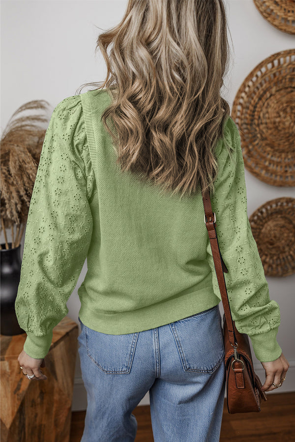 Mist Green Eyelet Embroidered Sleeve Patchwork Ribbed Sweatshirt