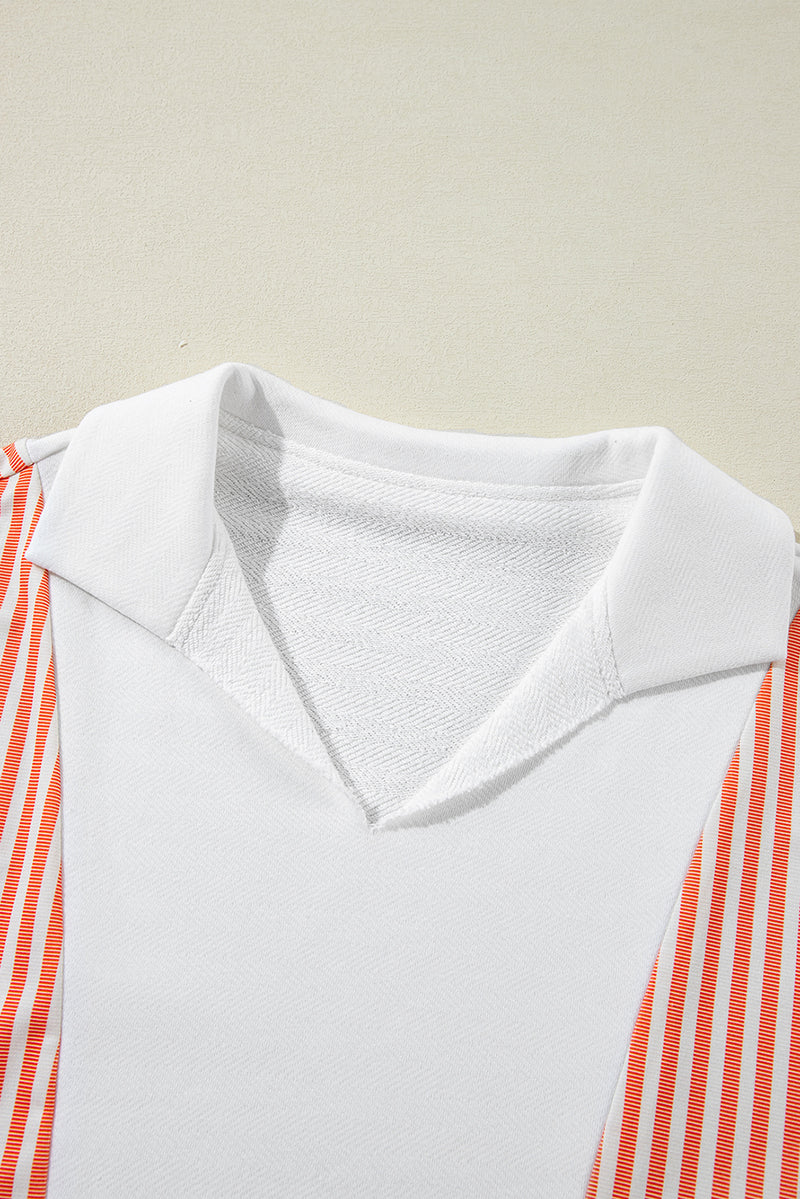 White Striped Color Block Collared V Neck Oversized Sweatshirt