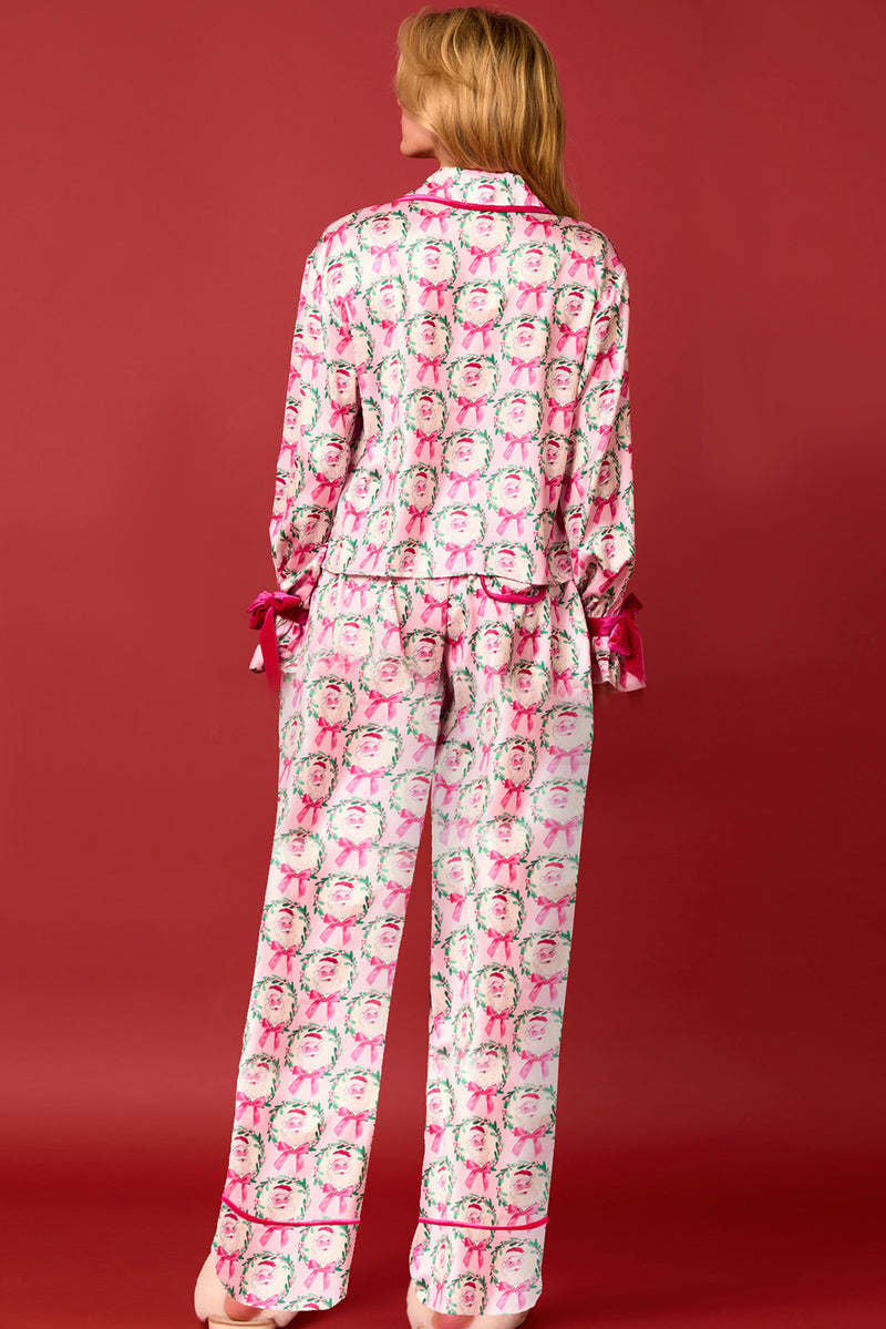 Pink Santa Claus Bow Long Sleeve Lapel Collar Pajama Set