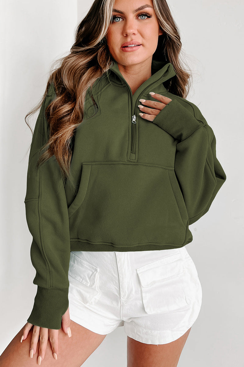 Brown Zip Up Stand Collar Thumbhole Sleeve Sweatshirt