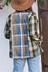 Green Plaid Colorblock Casual Pockets Button Up Shacket