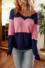 Parchment Colorblock Button Decor Cuffs V Neck Top