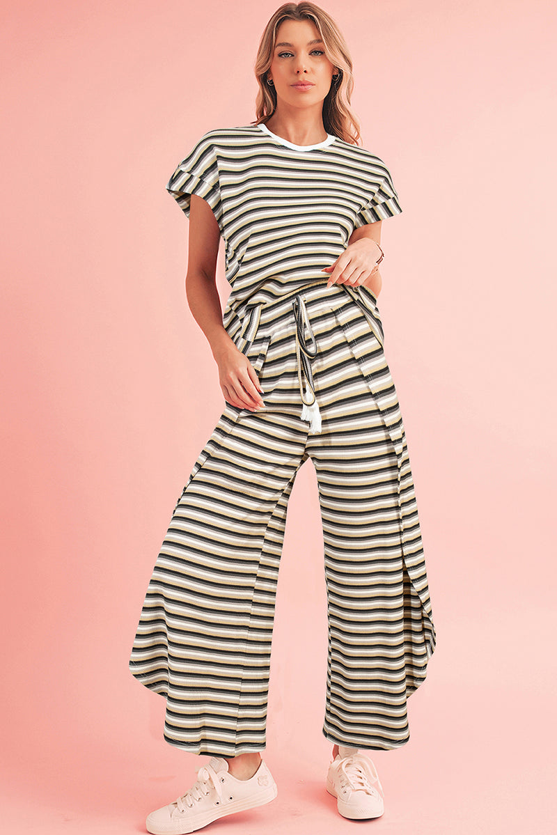 Yellow Stripe Rainbow Tee and Tassel Drawstring Wide Leg Pants Set