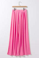 Strawberry Pink Plain Slim Fit Crop Top And Wide Leg Pants Set