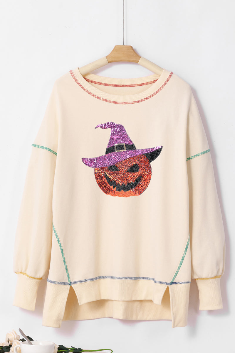 White Glittering Pumpkin Wizard Graphic Exposed Seam Halloween Sweatshirt