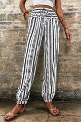 Black Stripe Geometric Print Drawstring Cuff Pants