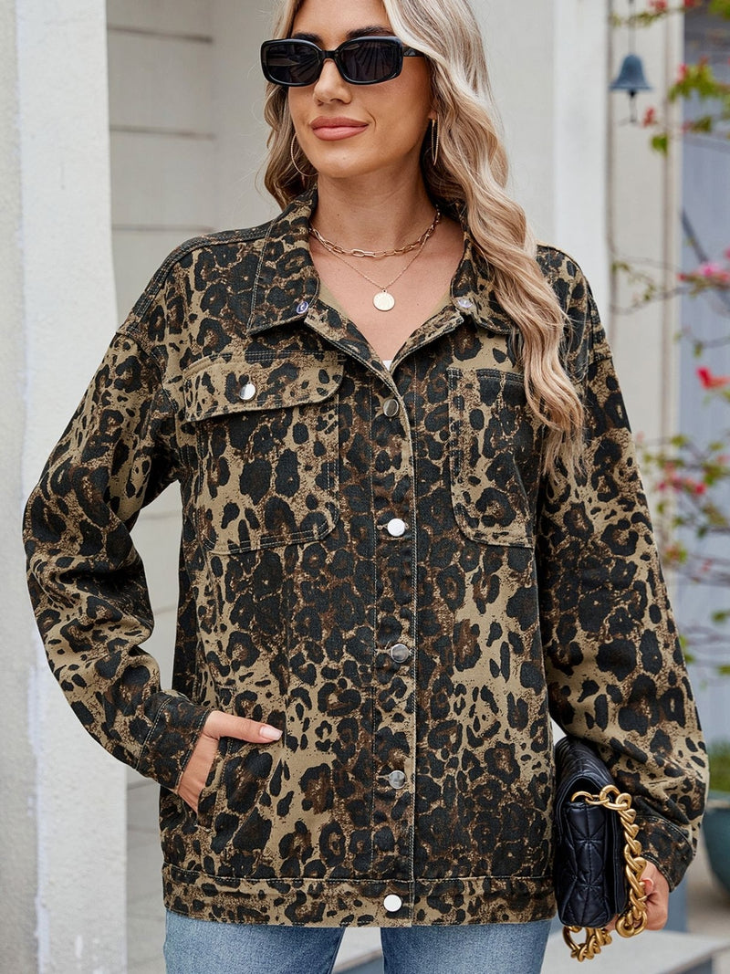 Pocketed Leopard Long Sleeve Denim Jacket