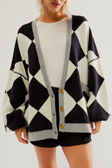 White Stripe Colorblock Drop Shoulder Buttoned Loose Cardigan