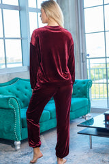 Red Solid Velvet Round Neck Top & Drawstring Pants Longe Set