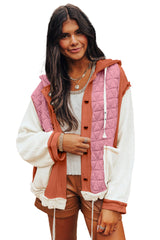 Coral Quilted Textured Patchwork Hooded Jacket